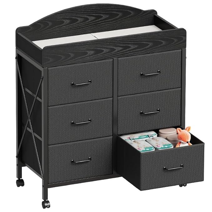 Baby Changing Table Dresser with Wheels, 6-Fabric Drawer Baby Dresser with Changing Table Top, Waterproof Diaper Changing Station & Pad, Mobile Storage Unit, Compact Baby Furniture, Black