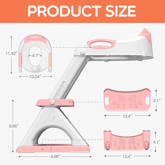 SKYROKU Potty Training Seat for Toddlers – 2-in-1 Adjustable potty ladder with Step Stool, Anti-Slip Cushion, Splash Guard & Extra-Wide Pedals, Supports 200+ lbs, Ideal for Boys & Girls (8899-Pink)