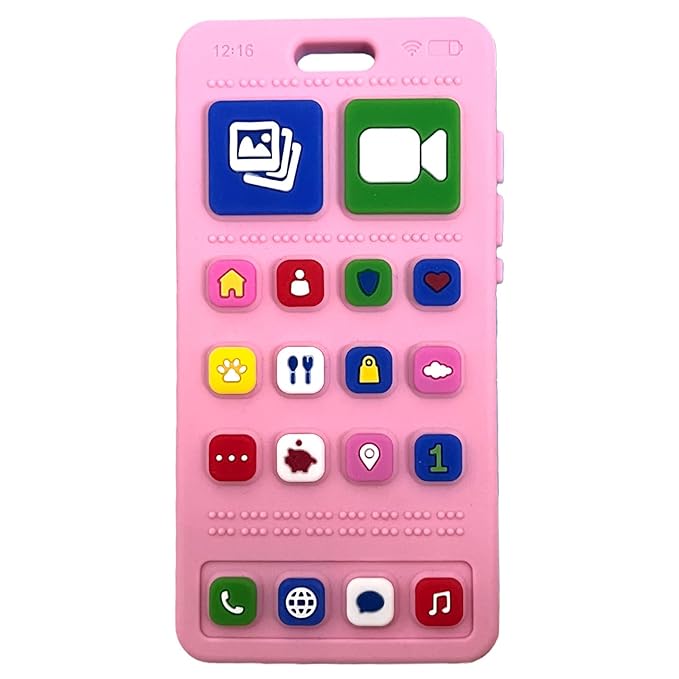 Baby Silicone Teething Toys, Phone Teether Toys for Toddlers 3-18 Months, Boys Girls Babies Teething Toy, Baby Chew Toy, Freezer BPA Free, Pink