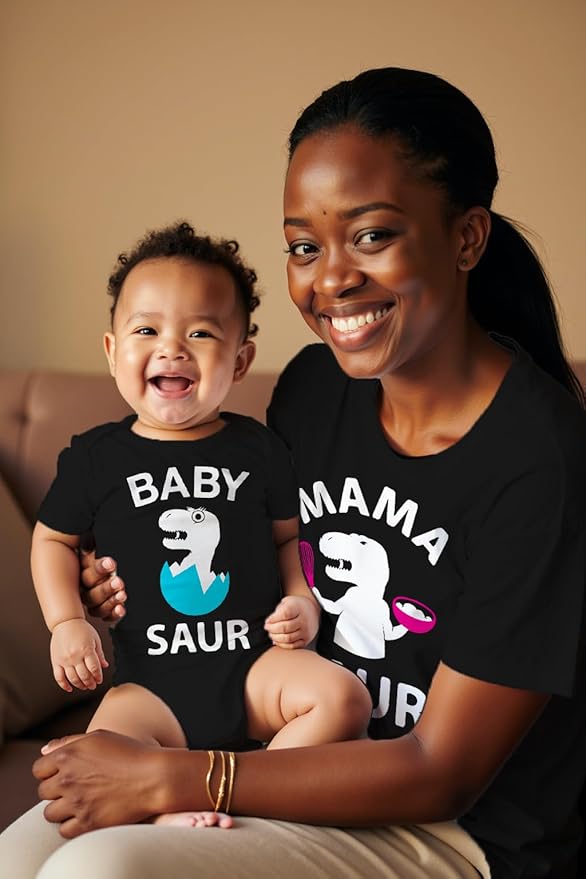 Tstars Mama and Baby Saur Matching Outfit Set - Mom Shirt and Bodysuit Gift for Baby Shower or Mother's Day