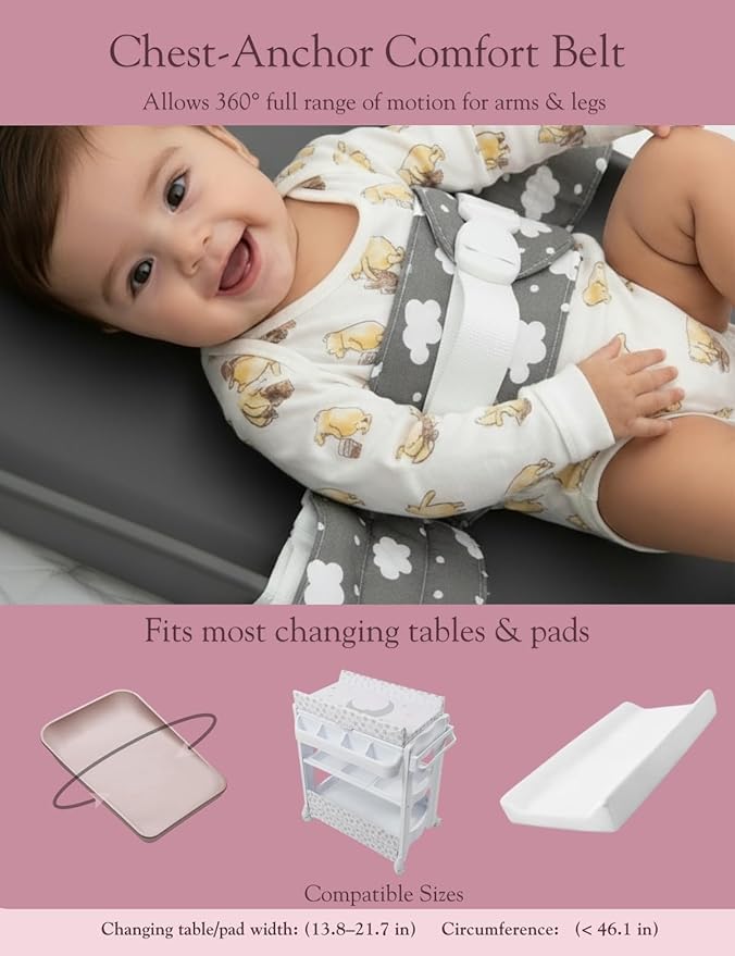 Baby Changing Pad Strap - Cotton Soft Skin-Friendly, Adjustable & Secure Anti-Slip Belt for Infants 0-24 Months, Universal Fit for Changing Pads & Tables, Easy-Clean & Portable (Grey)