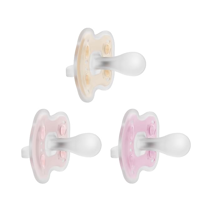 Dr. Brown's Advantage One-Piece Silicone Baby Pacifier, Fully Symmetrical Soother, Ecru/Light Pink/Pink, 0-6m, BPA-Free, 3-Pack