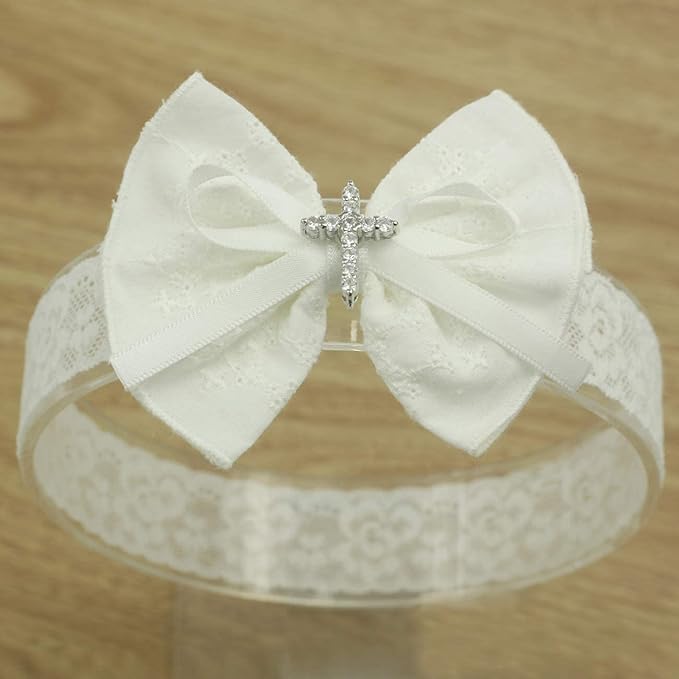 White Baby Bow Headband for Baptism Christening Satin Lace Hair Band with Cross for Toddler (A-off white bow headband, 6 months-2 years old)
