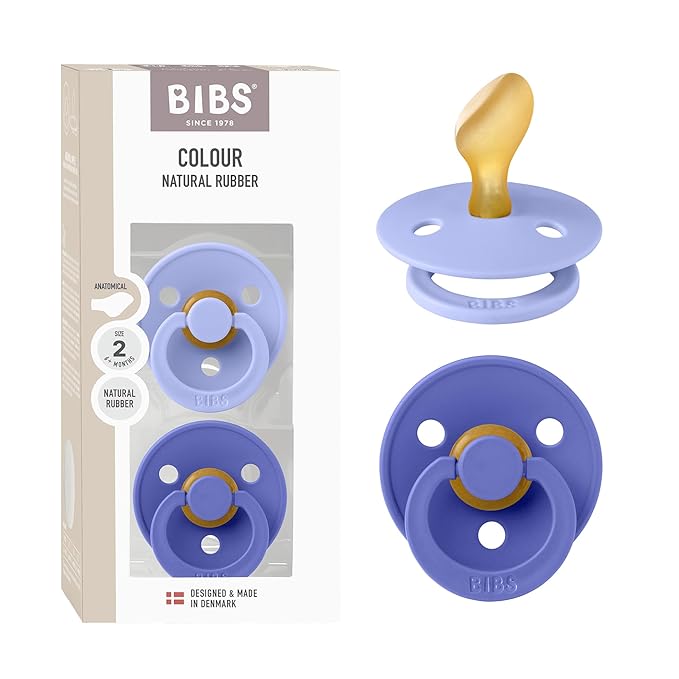 BIBS Colour Anatomical Soother 2-Pack, BPA Free Dummy Pacifier, Orthodontic Nipple. Natural Rubber Latex, Made in Denmark, Size 2 (6-18 Months), Hush/Grape