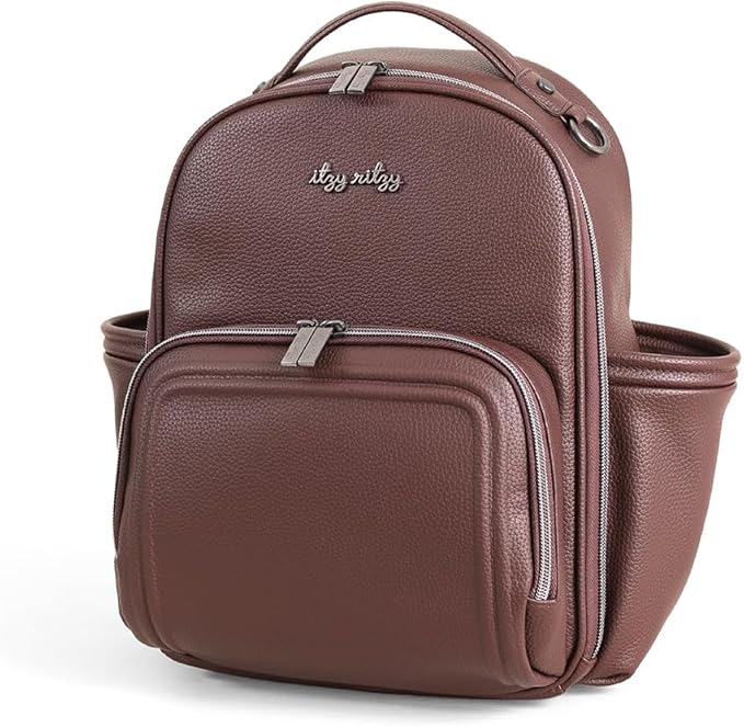 Itzy Ritzy Mini Diaper Bag Backpack – Chic, Compact Mini Plus Backpack with Changing Pad, 10 Pockets (6 Internal, 4 External), Grab-Top Handle & Rubber Feet (Espresso)