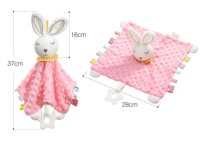 Zooawa Loveys for Babies, Security Blanket Soft Stuffed Animal Bunny Lovey Unisex Lovie Baby Stuff Snuggle Blanket with Tags Teether Bells, Soothing Plush Toys Baby Gift for Newborn, Pink Rabbit