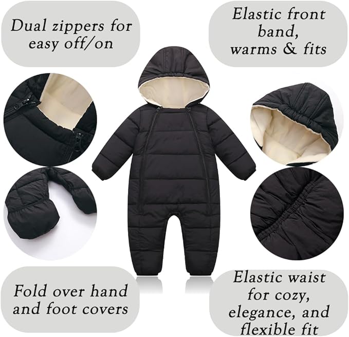 Infant Toddler Snowsuit Cute Newborn Winter Coat Warm Hooded Jumpsuit for Boys Girls 0-24 Months