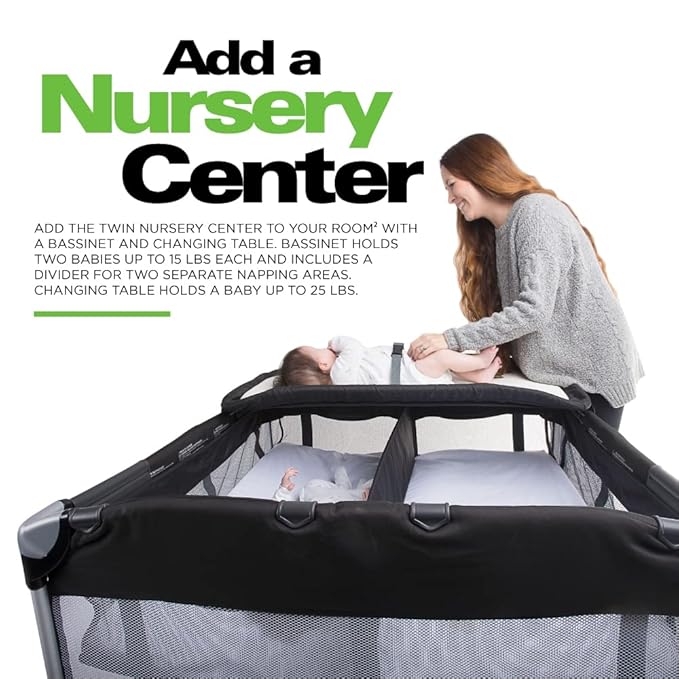 Joovy Room² Large Portable Playpen for Babies and Toddlers with Nearly 10 sq ft of Space, Large Mesh Windows for 360 View, and Waterproof Mattress Sheet - Folds Easily when Not in Use (Black)