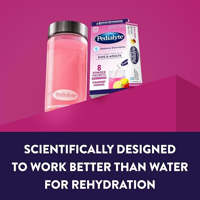 Pedialyte Electrolyte Powder, Hydration Drink for Kids & Adults, Strawberry Lemonade, 8 Powder Packets