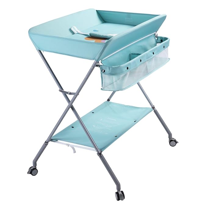 Baby Changing Table Portable Folding Diaper Changing Station with Wheels, Adjustable Height Mobile Nursery Organizer with Safety Belt and Large Storage Racks for Newborn Baby and Infant, Green
