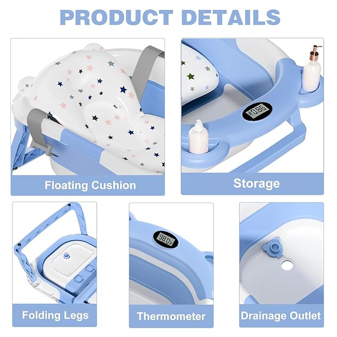 TPN Collapsible Baby Bathtub, Baby Bath Tub with Soft Cushion & Real-Time Thermometer, Baby Bathtub Infant to Toddler Tub (0-36 Months), Portable Newborn Travel Bath Tub