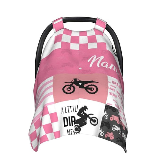 Personalized Dirt Bike Pink Baby Car Seat Canopy for Babies with Name, Custom Motocross Car Seat Covers for Girls, Opening Minky Nursing Breastfeeding Cover Infant Carseat Canopies for Newborn