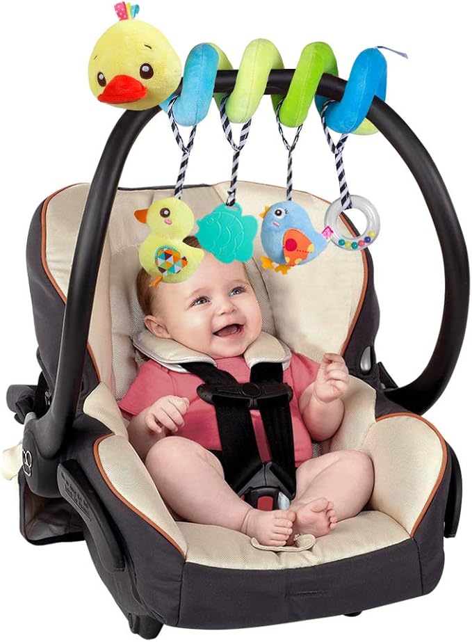 Caterbee Baby car seat Toys, Activity Spiral hangings pram Toys, Plush Crib Toys with Squeaky for boy or Girl (Duck)