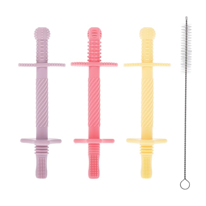 Nuby Sensory Silicone Tube Teethers - (3 Pack) Textured Infant and Baby Teether Toys - 3+ Months - Purple, Pink, and Yellow