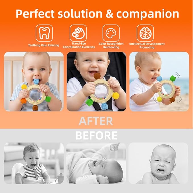 Baby Teether Rattle Toy,Babies Teething Rings Toys for 0-6 6-12 Months,Chicken Shape Textured Silicone Chew Toy for Gum Relief,Silicone Teether,BPA Free Baby Chew Toys Newborn Accessories