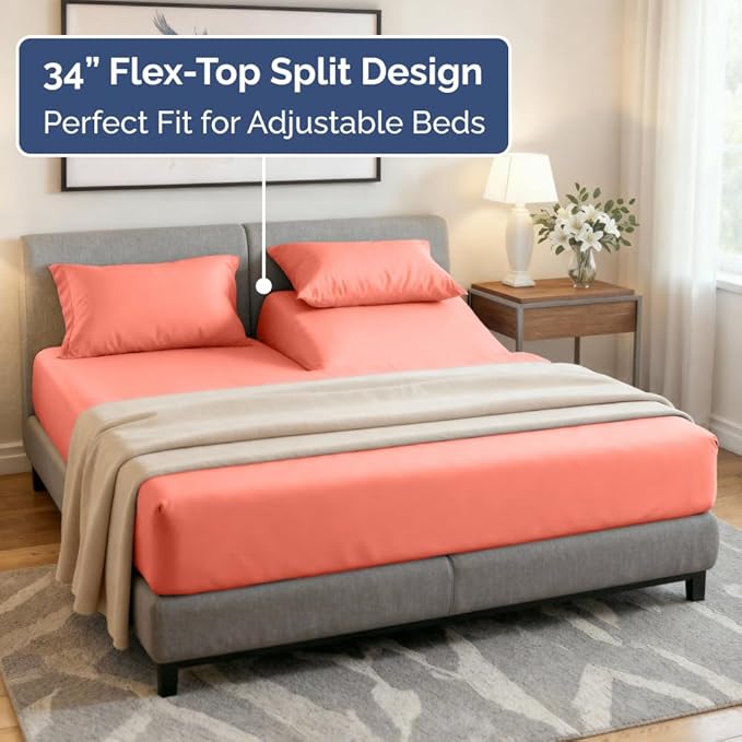 Flex Top Split Head King 4 Piece Sheet Set - Comfy Breathable & Cooling Bed Sheets Set - Hotel Luxury Bedding for Women, Men, Kids, Teens, Boys & Girls - Deep Pockets, Ultra-Soft - Oeko-Tex - Coral