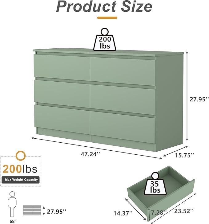Green Dresser for Bedroom, Modern Large 6 Drawer Dresser with Deep Drawer,Wide Storage Chest of Drawers,TV Stand for Living Room