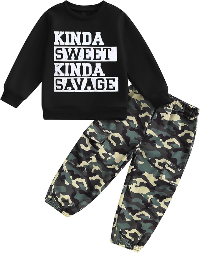 wdehow Toddler Kids Baby Boy Fall Outfits 1T 2T 3T 4T 5T Letter Print Long Sleeve Tops Camouflage Pants Winter Clothes Sets