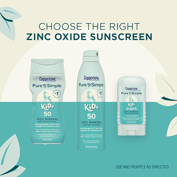 Coppertone Pure and Simple Kids Sunscreen Spray SPF 50, Zinc Oxide Mineral Sunscreen for Sensitive Skin, Hypoallergenic and Tear Free, 5 Oz Can