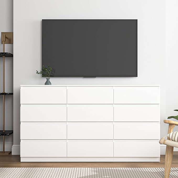 White 12 Drawer Dresser for Bedroom,Modern Long Deep Drawer Dresser,Wood Storage Chest of Drawer, Storage Organizer Drawers for Bedroom