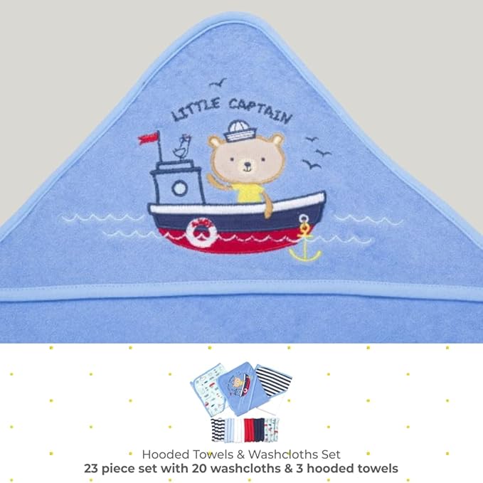 Spasilk 23-Piece Soft Terry Hooded Bath Towel and Washcloth Set, 3 Baby Towels and 20 Baby Washcloths for Newborn Boys and Girls, Navy Nautical