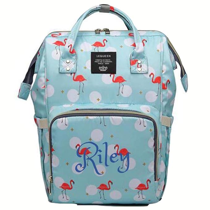 Personalized Large Diaper Bag Knapsack/Tote Bag/Backpack -Custom Monogram Embroidered for Infant/Baby Bag/ (Turquoise Flamingo)