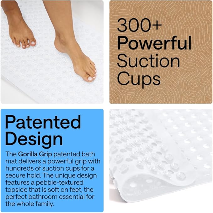 GORILLA GRIP Patented Bath Tub Shower Mat, 2 Pack, Machine Washable Bathtub Floor Liner Mats, Suction Cups and Drain Holes to Keep Tubs Clean, Soft on Feet, Bathroom Essentials, 35x16 Inch, White