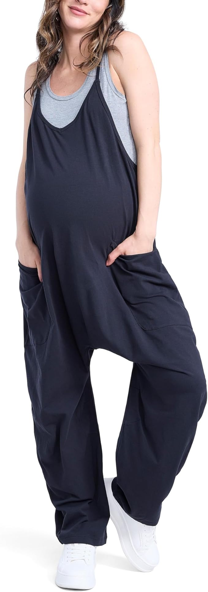 Motherhood Maternity womens Casual Baggy Sleeveless V-neck Pregnancy Romper Jumpsuit With Loose Spaghetti Straps and Pockets