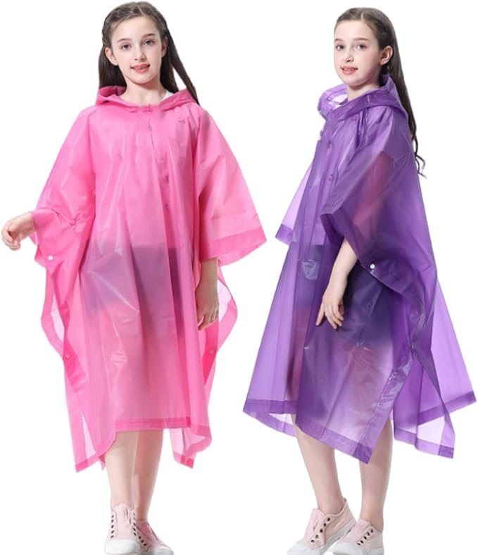 Rain Poncho for Kids (2 Pack), Reusable EVA Children Raincoat Ponchos Rain Jacket with Hood for 6-14 Girls Boys