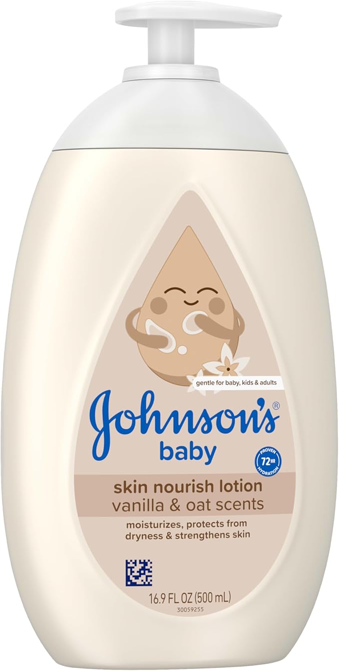 Johnson's Skin Nourishing Baby Lotion, Vanilla & Oat Scents, Hypoallergenic Baby Body Lotion for 72 Hour Hydration Until Baby's Next Bath Moisturizes & Protects from Dryness, 16.9 fl. oz