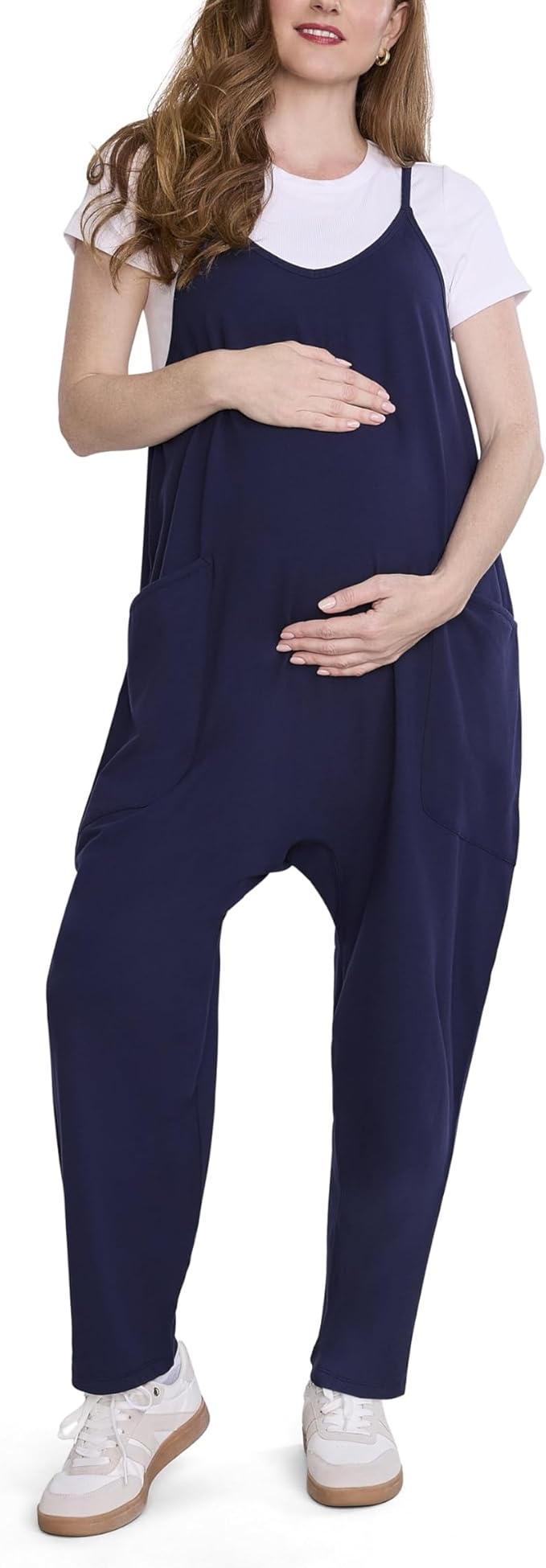 Motherhood Maternity womens Casual Baggy Sleeveless V-neck Pregnancy Romper Jumpsuit With Loose Spaghetti Straps and Pockets