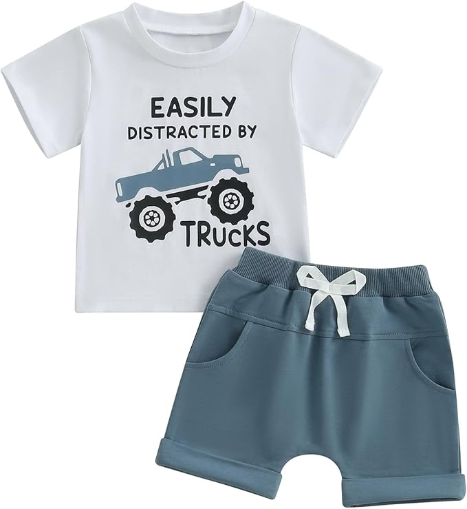 WZTYYDS Toddler Baby Boy Summer Clothes 2T 3T 4T 5T Boys Outfit Letter Truck Short Sleeve T-Shirt Tops + Shorts Set