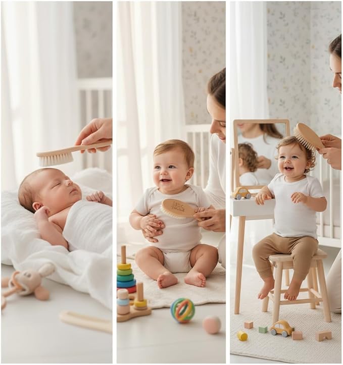 Baby Hair Brush and Comb Set for Newborn Wooden 4 Piece Soft Goat Hair Bristles, and Comb Set for Newborn Girl Boy and Toddler Soft Cradle Cap New Born Infant Hair Brushes Perfect Baby Registry Gift