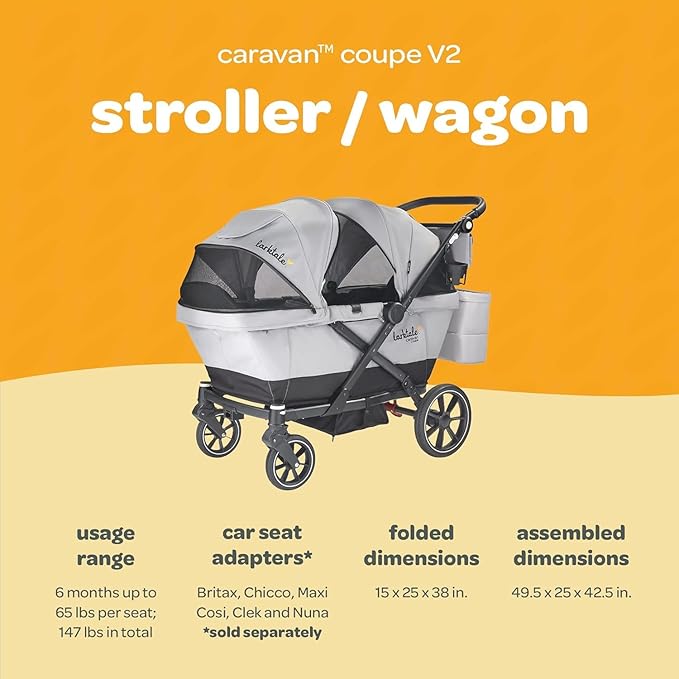 Larktale Compact Stroller Wagon with Reclining Seats for 2 Kids, Caravan Coupe V2, Gray/Black