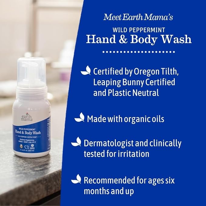 Earth Mama Wild Peppermint Hand & Body Wash | Foaming Castile Soap Liquid and Hand Soap, Made with Organic Wild Mint & Peppermint Oil, 5.3 fl oz