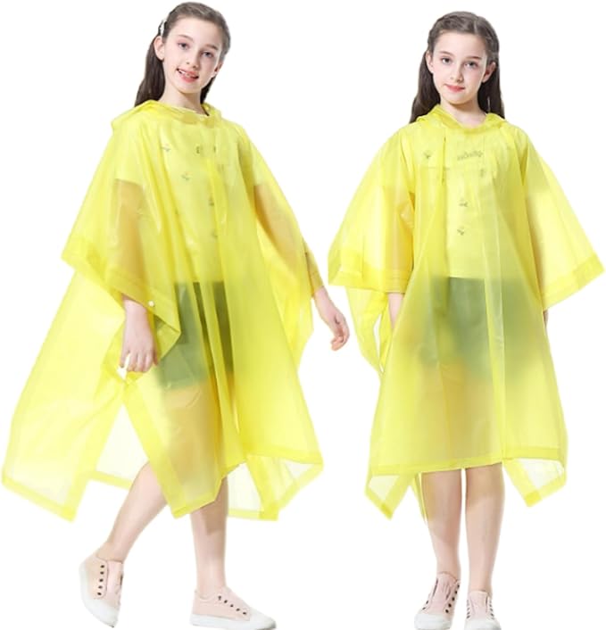 Rain Poncho for Kids (2 Pack), Reusable EVA Children Raincoat Ponchos Rain Jacket with Hood for 6-14 Girls Boys