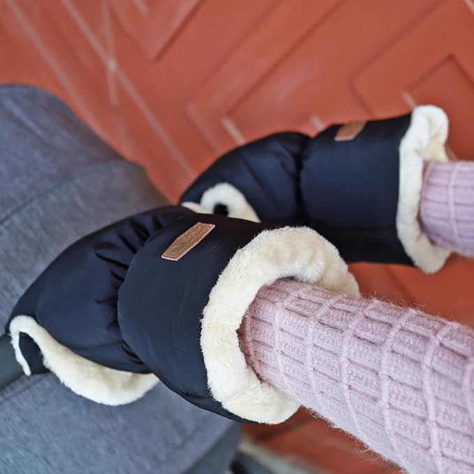 Orzbow Faux Sheepskin Stroller Gloves, Universal Winter Anti-Freeze Stroller Mittens, Waterproof Extra Thick Hand Muff for Cold Weather, Cozy & Warm, Black
