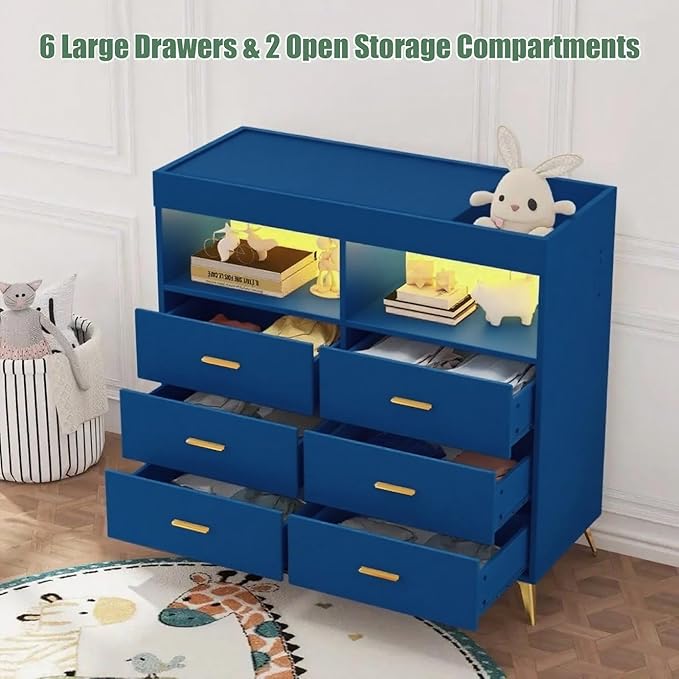 Baby Changing Table Dresser with 6 Drawers, Baby Nursery Dresser, LED Lights & Charging Station – Multifunctional Nursery Dresser with Removable Changing Top, Anti-Tip Design, Blue