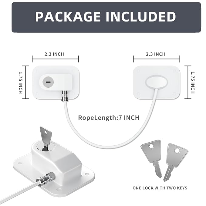 Refrigerator Lock 2 Packs, Fridge Lock with Silicone Wire Protection Fridge Locks for Kids Easy to Use and Install Cabinet Locks with Key, White