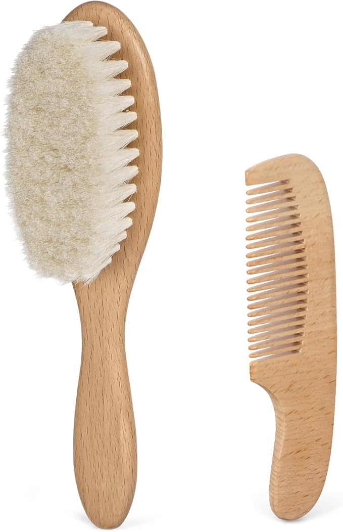 BumbleBee Newborn Baby Hair Brush & Comb Set - Wooden Brush with Soft Wool Bristles, Cradle Cap Brush for Boys, Girls & Toddlers, Sandwood