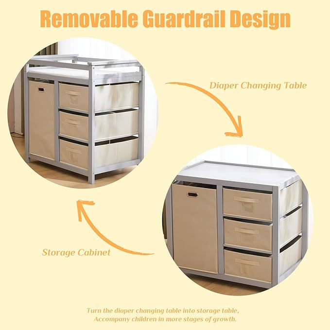 Karl home Modern Baby Changing Table,Dresser Baby Diaper Changing Station with Laundry Hamper,Infant Nursing Table with 3 Storage Drawers,Removable Safety Rail & Strap for Bedroom,Nursery,LightGrey