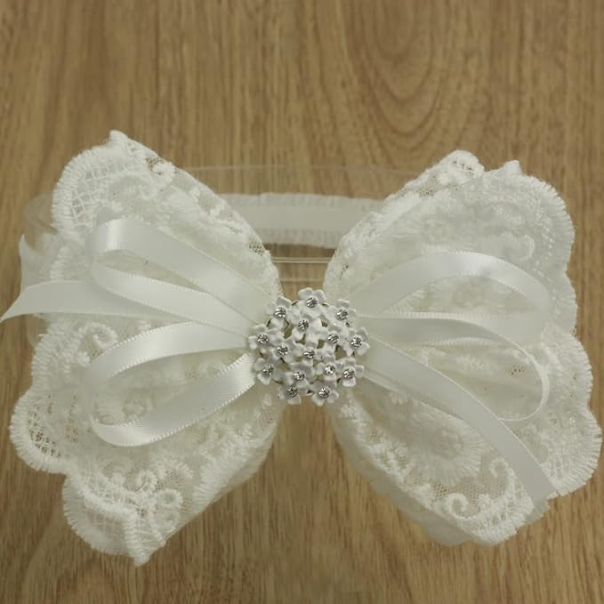 White Baby Bow Headband for Baptism Christening Satin Lace Hair Band with Cross for Toddler (Embroidery Lace white bow with pearl-5, 6 months-2 years old)