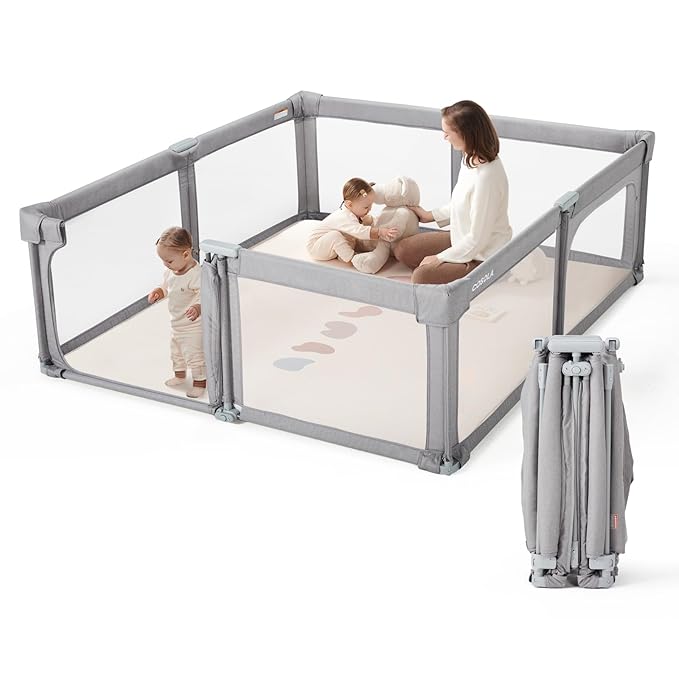 Baby Playpen Portable, Pre-Assembled Play Pen 71x79 Large Foldable Playpen for Babies and Toddlers, Sturdy and Safe Toddler Play Yard Indoor Outdoor with Carry Bag,Light Grey