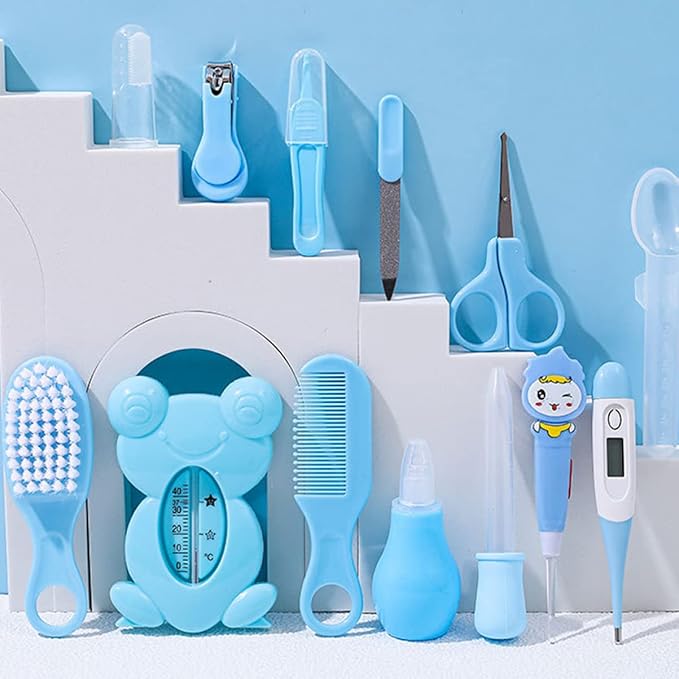 Baby Healthcare and Grooming Kit Baby Nasal Aspirator Nail Clipper Hairbrush Set Newborn Daily Cleaning Care Kit 13 PCS/Set, Style A, Blue, Safety First Baby Healthcare kit