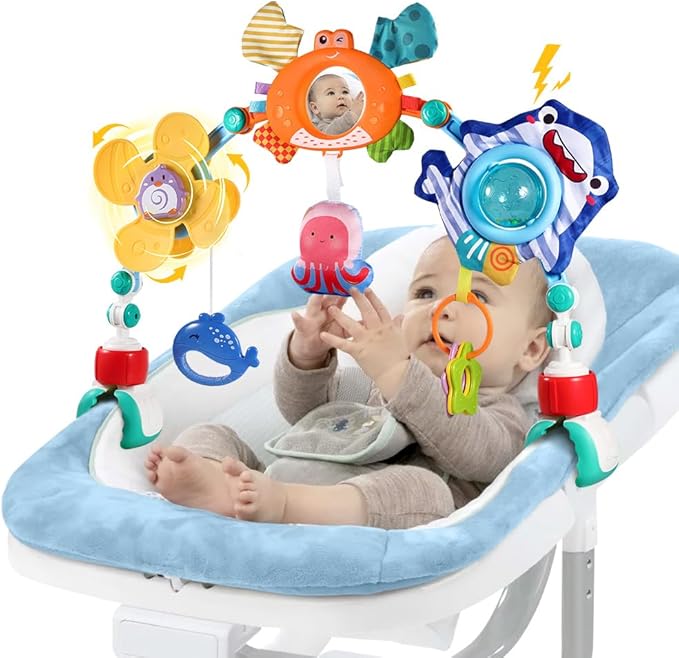 Baby Stroller Car Seat Toys,Adjustable Crib Mobile Activity Arch Toys with Sound Toy and Baby Hanging Toys,Sensory Play Travel Bouncer Bassinet Toy for Toddler Boy Girl 0 3 6 9 12 24 Month