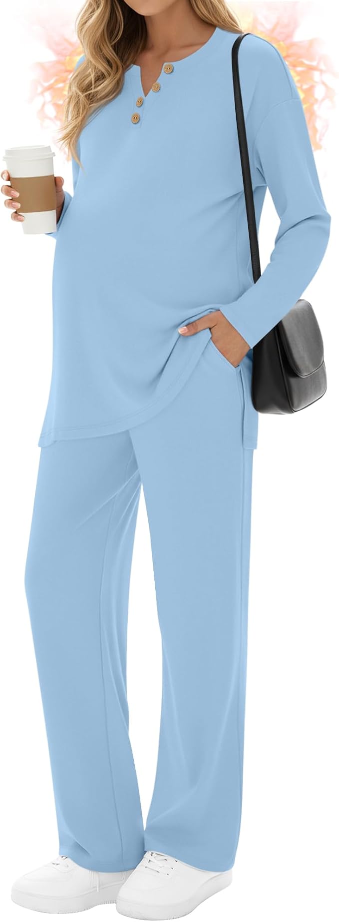 2 Piece Thermal Maternity Lounge Set Postpartum Pregnancy Fleece Loungewear Long Sleeve Top and Wide Leg Pant
