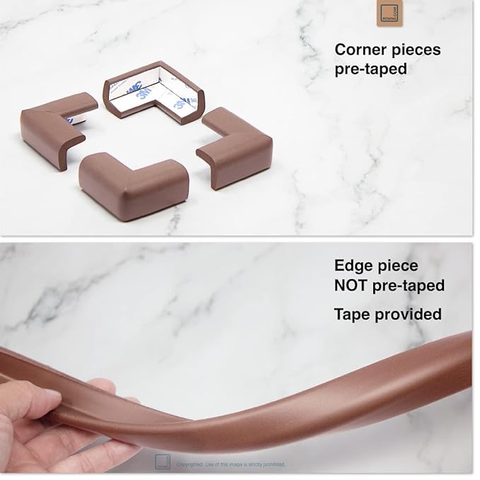 Roving Cove Slimfit Corner Edge Protector for Baby Proofing (Small 15ft Edge 4 Corners), Furniture Safety Bumper Guard, Soft NBR Rubber Foam, 3M Adhesive, Coffee Brown