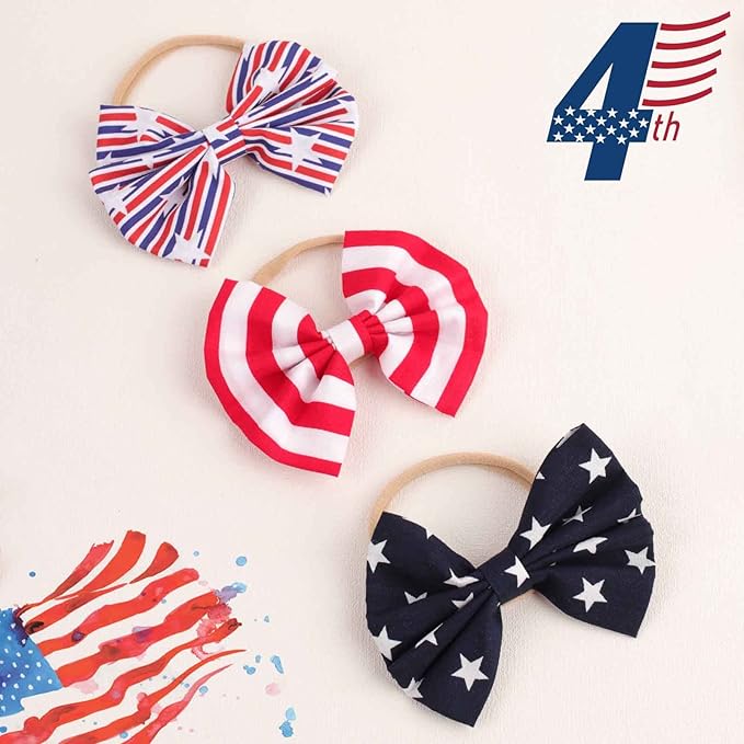 4th of July America Flag Baby Headbands Cheer Bow, Baby Girls Red White Blue Star Spangled Patriotic Hair Bow for Newborns Toddlers Small Children,3 Pcs (America Flag-B)
