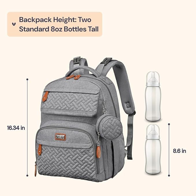 BabbleRoo Diaper Bag Backpack - Travel Large Baby Diaper Bag with Changing pad, Waterproof Baby Bags for Mom & Dad, Unisex Bags with Pacifier Case, Luggage Strap & Stroller Clips– Light Gray