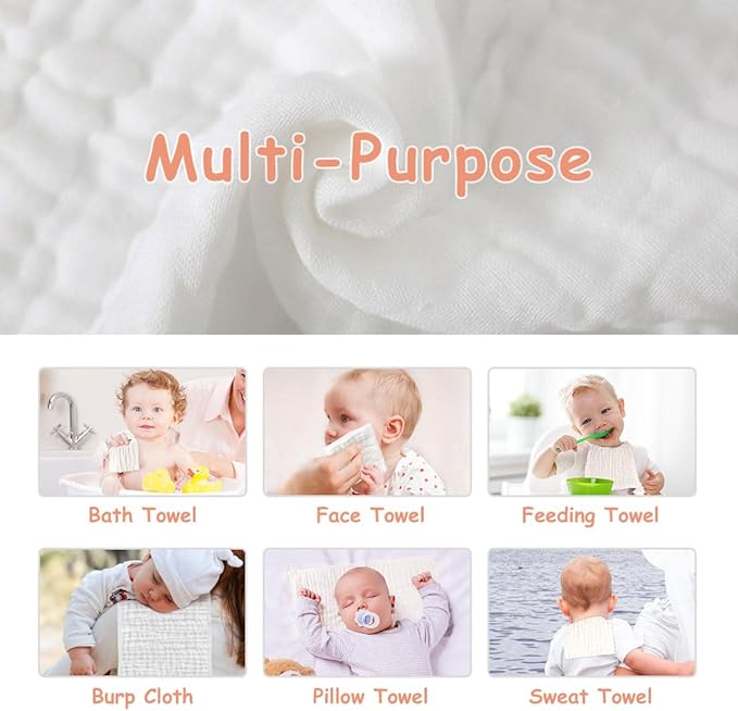 AIDEA Burp Cloths and Washcloths for Baby, Absorbent Cotton Muslin Baby Towels, Large Soft Breathable Newborn Essentials for Boys and Girls, Newborn Essentials, White, 10 Pack, 20"x10"